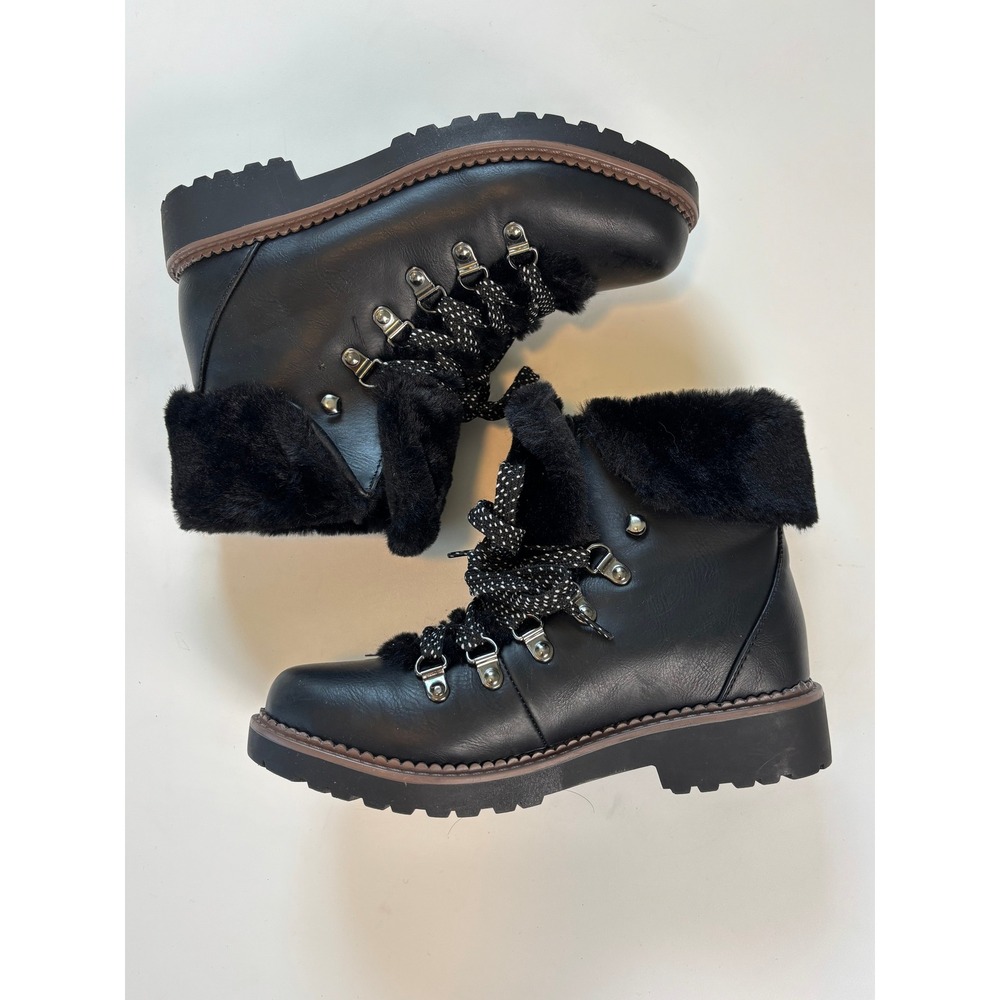 Portland Madeline Black Faux Fur Hiker Boots Lace Up Lug Sole Size 7
